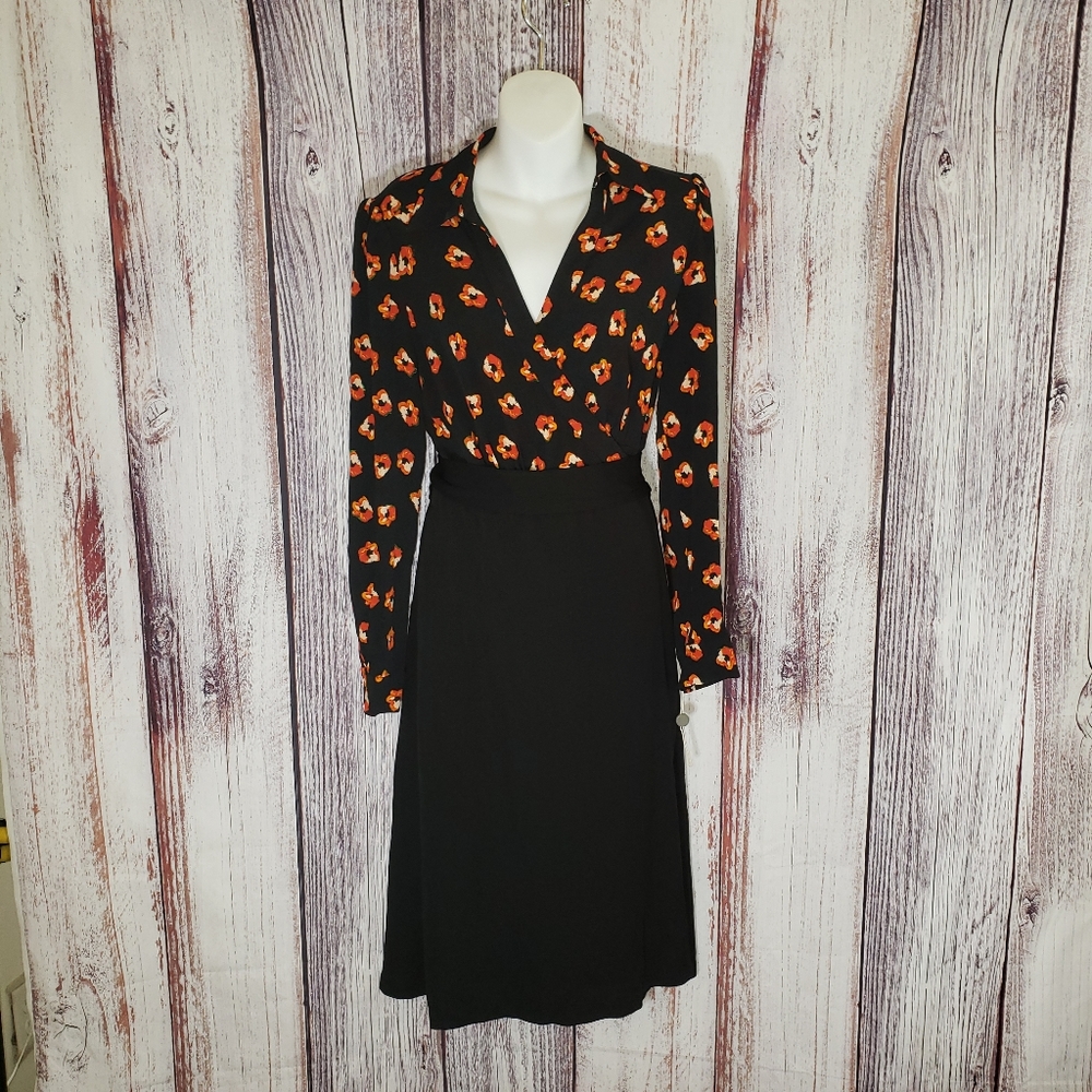 Diane Von Furstenberg 100% Silk Angelina Polka Dot Flower Wrap Dress Black